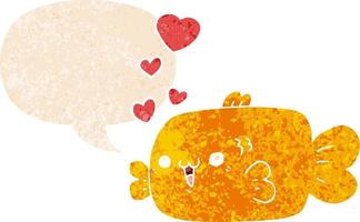 söt tecknad fisk med kärlekshjärtan och pratbubbla i retro texturerad stil vektor