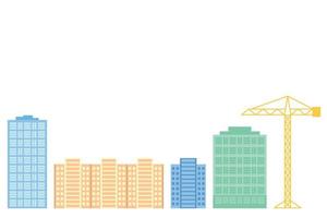 Hochhäuser und ein Baukran sind voneinander entfernt, ein Vektor im flachen Stil, isoliert auf weiß, Gebäude