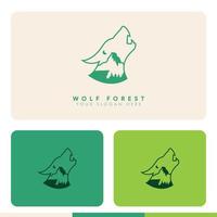 enkel minimalistisk skogsberg inuti wolf silhouette logo design illustration vektor