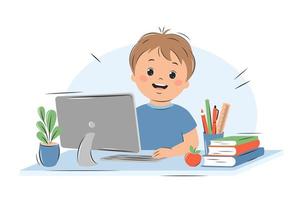 glücklicher kleiner junge studiert mit computer und büchern. online-bildung, hausschulkonzept. Vektor-Illustration vektor