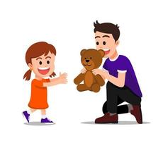 Ein Vater schenkt seiner Tochter einen Teddybären vektor