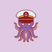 söt bläckfisk bär kapten hatt vektor ikon illustration