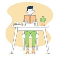 Junge, der ein Buch liest, sitzt an einem Schreibtisch. lächelnder Junge, der Hausaufgaben macht. Strichzeichnungen. Vektor-Illustration. vektor