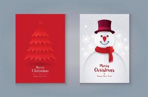 julgran och snögubbe med snöflinga, god jul gratulationskort design. vektor