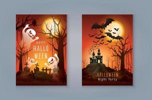 spöke med kyrkogård och slott. halloween scen med ett spökhus och fladdermöss, månen bakgrund. glad halloween natt fest gratulationskort vektor