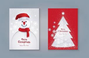 god jul gratulationskort design. röd och grön julgran och snögubbe med snöflinga, vektor