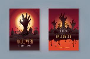 happy halloween night party grußkarte, zombie handaufstieg aus dem grab. Gruselige Hand mit Friedhof und Blut, Süßes oder Saures.