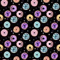 Nahtloses Muster mit glasierten Donuts. helles saftiges Muster auf schwarzem Hintergrund vektor