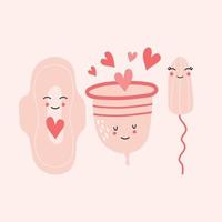 handgezeichneter tampon, binde und menstruationstasse - smiley-zeichentrickfiguren. weiblicher Hintergrund. vektor