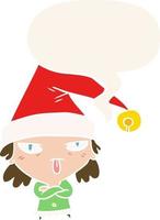 tecknad flicka bär julhatt och pratbubbla i retrostil vektor