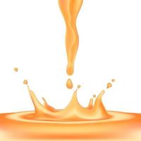 Realistischer Illustrationssatz des Vektors 3d, flüssiges Spritzen und Gießen, realistische natürliche Milchprodukte, Orange, Mangosaft-Spritzertropfen, lokalisiert auf weißem Hintergrund. Druck, Vorlage, Gestaltungselement vektor