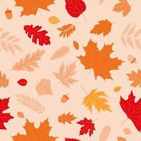 seamless mönster höstlöv av en lönn, ek, björk. höstgul, orange, röd lövstruktur på den beige bakgrunden. lövverk bakgrundsdesign för höstens försäljning, mall för banner eller textil. vektor