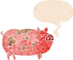 Cartoon-Schwein und Sprechblase im strukturierten Retro-Stil vektor