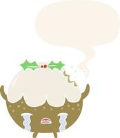Cartoon Christmas Pudding Weinen und Sprechblase im Retro-Stil vektor
