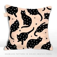 vektor mystisk svart katt siluett sömlöst tygmönster på kudde, med stjärndekor, korallsvart.