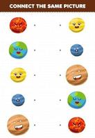 Bildungsspiel für Kinder Verbinden Sie das gleiche Bild des niedlichen Cartoon-Sonnensystems Erde Mars Venus Jupiter Neptun Planet druckbares Arbeitsblatt vektor