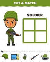 utbildningsspel för barn klipp och matcha rätt saker för söta tecknade soldatyrke utskrivbara kalkylblad vektor
