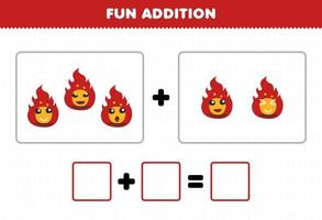 utbildningsspel för barn roligt tillägg genom att räkna söt tecknad eld med ansiktsbilder utskrivbara halloween-kalkylblad vektor