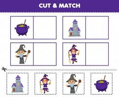 utbildningsspel för barn klipp och matcha samma bild av söt tecknad kittel slott trollkarl häxa kostym halloween utskrivbart kalkylblad vektor
