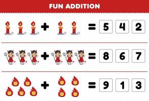 Lernspiel für Kinder Spaß Zusatz durch Erraten der richtigen Anzahl von niedlichen Cartoon Kerze Feuer Teufel Mädchen Kostüm Halloween druckbares Arbeitsblatt vektor