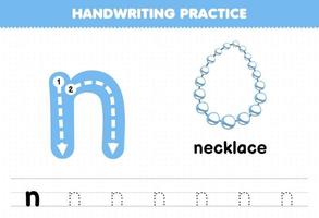 Lernspiel für Kinder Handschriftübung mit Kleinbuchstaben n für Halskette druckbares Arbeitsblatt vektor