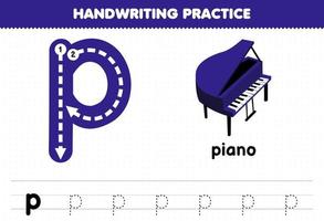 bildungsspiel für kinder handschriftübung mit kleinbuchstaben p für klavier druckbares arbeitsblatt vektor