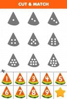 pedagogiskt spel för barn räkna prickarna på varje siluett och matcha dem med rätt numrerad vattenmelon skiva frukt utskrivbart arbetsblad vektor