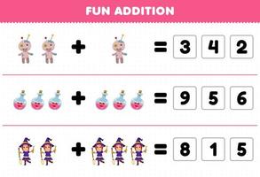 utbildningsspel för barn roligt tillägg genom att gissa rätt antal söta tecknade voodoo docka dryckesflaska häxa halloween utskrivbart kalkylblad vektor