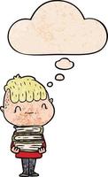 Cartoon freundlicher Junge mit Büchern und Gedankenblase im Grunge-Texturmuster-Stil vektor