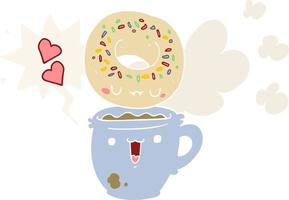 süßer Cartoon-Donut und Kaffee und Sprechblase im Retro-Stil vektor