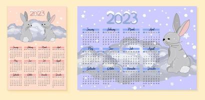 Kalender 2023 mit niedlichen Hasen. kinderposter. Jahr der Katze und des Kaninchens. symbol von 2023. vektorillustration in trendigen farben.