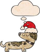 tecknad hund bär julhatt och tankebubbla i grunge texturmönster stil vektor
