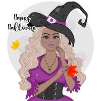 schöne blonde hexe des halloween-feiertags in einem hut gegen den mond, modevektorillustrationsdruck vektor
