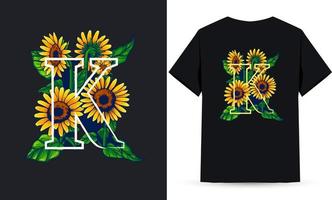 buchstabe k alphabet sonnenblume und sommerillustration geeignet für den siebdruck von hemden vektor