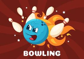 Bowlingspiel handgezeichnete Cartoon flache Hintergrunddesignillustration mit Stiften, Bällen und Anzeigetafeln in einem Sportverein oder Aktivitätswettbewerb vektor