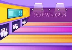 bowlingspel handritad tecknad platt bakgrundsdesignillustration med nålar, bollar och resultattavlor i en sportklubb eller aktivitetstävling vektor