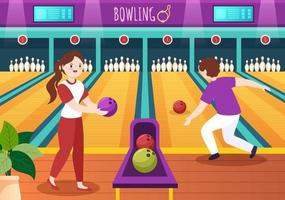 leute spielen bowlingspiel hand gezeichnete flache designillustration der karikatur mit stiften, bällen und anzeigetafeln in einem sportverein oder in einem aktivitätswettbewerb vektor