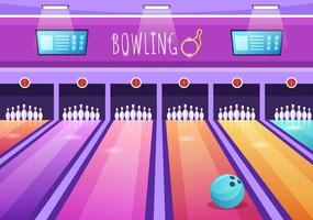 Bowlingspiel handgezeichnete Cartoon flache Hintergrunddesignillustration mit Stiften, Bällen und Anzeigetafeln in einem Sportverein oder Aktivitätswettbewerb vektor