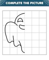 utbildningsspel för barn slutföra bilden av söt tecknad halloween spöke halv kontur för att rita utskrivbart kalkylblad vektor