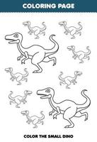 Bildungsspiel für Kinder zum Ausmalen Großes oder kleines Bild des niedlichen Cartoon-Prähistorischen Dinosauriers Velociraptor Strichzeichnungen Arbeitsblatt zum Ausdrucken vektor