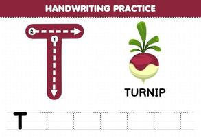 utbildningsspel för barn handskriftsövning med versaler t för kålrot utskrivbart kalkylblad vektor