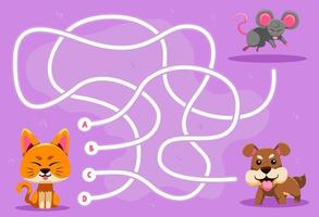 Labyrinth-Puzzle-Spiel für Kinder mit niedlichem Cartoon-Tier-Katze-Hund-Maus-Arbeitsblatt zum Ausdrucken vektor