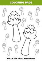 Bildungsspiel für Kinder Malvorlagen großes oder kleines Bild von niedlichem Cartoon Spargel Gemüse Strichzeichnungen druckbares Arbeitsblatt
