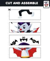 Lernspiel für Kinder Schneiden üben und Puzzle mit niedlichem Cartoon-Dracula-Jungen-Kostüm-Halloween-Arbeitsblatt zum Ausdrucken zusammenbauen vektor