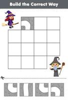 utbildningsspel för barn bygga på rätt sätt hjälpa söt tecknad häxa att flytta till guiden halloween utskrivbart kalkylblad vektor