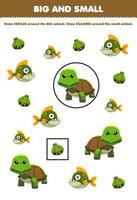 Lernspiel für Kinder Ordnen Sie nach Größe groß oder klein, indem Sie Kreis und Quadrat des niedlichen Cartoon-Grün-Unterwassertier-Shell-Piranha-Fisch-Schildkröte-Arbeitsblatts zum Ausdrucken zeichnen vektor