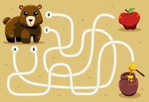 Labyrinth-Puzzle-Spiel für Kinder mit niedlichem Cartoon-Tierbären, der nach Apfel oder Honig sucht, druckbares Arbeitsblatt vektor