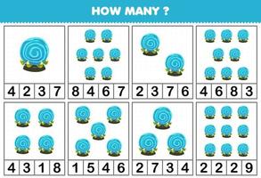 utbildningsspel för barn som räknar hur många föremål i varje tabell med söt tecknad blå magisk klot halloween utskrivbart kalkylblad vektor