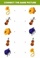 Bildungsspiel für Kinder Verbinden Sie das gleiche Bild von Cartoon-Musikinstrument Sousaphon Violine Becken Cello Klavier Druckbares Arbeitsblatt vektor
