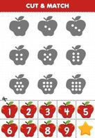 Lernspiel für Kinder Zählen Sie die Punkte auf jeder Silhouette und ordnen Sie sie dem druckbaren Arbeitsblatt mit den richtigen nummerierten Apfelfrüchten zu vektor